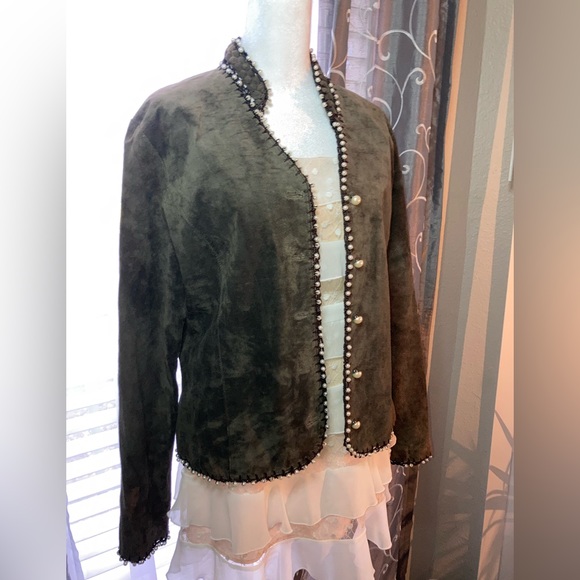 100% SUEDE SOPHIE CHANG Faux Pearl embellished lightweight jacket darkOlive Med - Picture 13 of 15